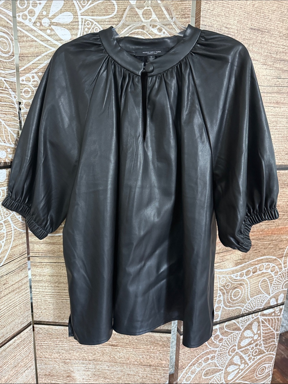 Black Faux Leather Puff Sleeve Tunic Blouse